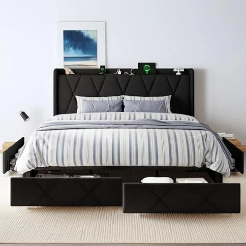 nesture. King Storage Bed Frame with 4 Large Drawers | Upholstered Button Headboard & Charging Station, Noise-Free, No Box Spring Needed thumbnail 1