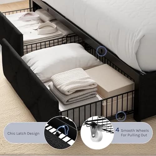 nesture. King Storage Bed Frame with 4 Large Drawers | Upholstered Button Headboard & Charging Station, Noise-Free, No Box Spring Needed thumbnail 4