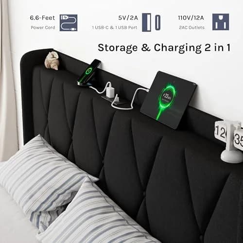 nesture. King Storage Bed Frame with 4 Large Drawers | Upholstered Button Headboard & Charging Station, Noise-Free, No Box Spring Needed thumbnail 5
