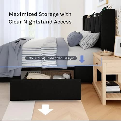nesture. King Storage Bed Frame with 4 Large Drawers | Upholstered Button Headboard & Charging Station, Noise-Free, No Box Spring Needed thumbnail 6
