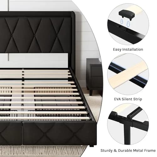 nesture. King Storage Bed Frame with 4 Large Drawers | Upholstered Button Headboard & Charging Station, Noise-Free, No Box Spring Needed thumbnail 7