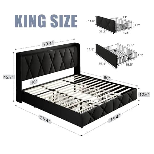 nesture. King Storage Bed Frame with 4 Large Drawers | Upholstered Button Headboard & Charging Station, Noise-Free, No Box Spring Needed thumbnail 2
