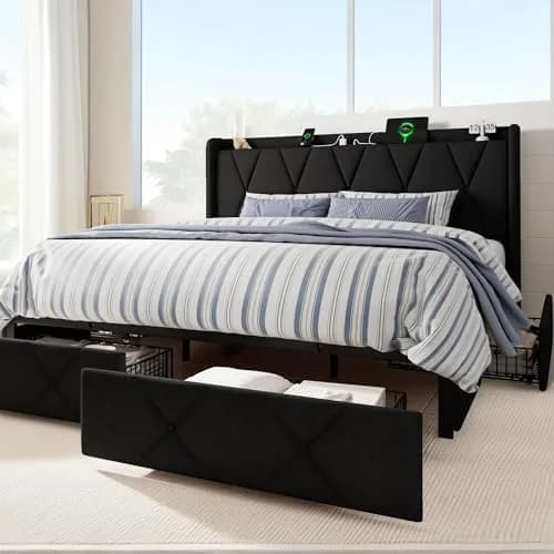 nesture. King Storage Bed Frame with 4 Large Drawers | Upholstered Button Headboard & Charging Station, Noise-Free, No Box Spring Needed thumbnail 3