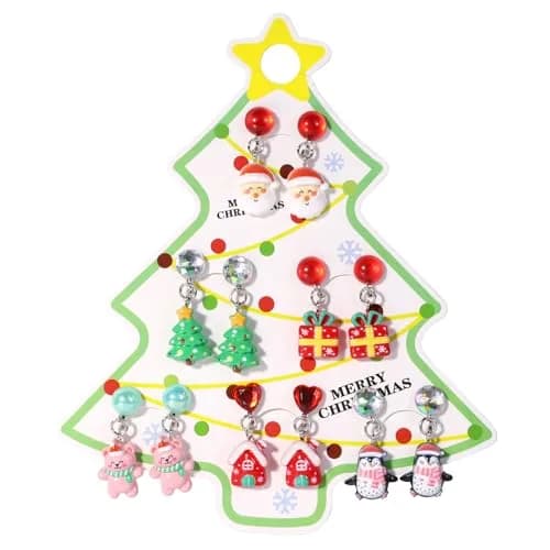 PinkSheep Christmas Clip On Earrings for Little Girls, 6 Pairs | Festive Non-Piercing Holiday Jewelry thumbnail 1