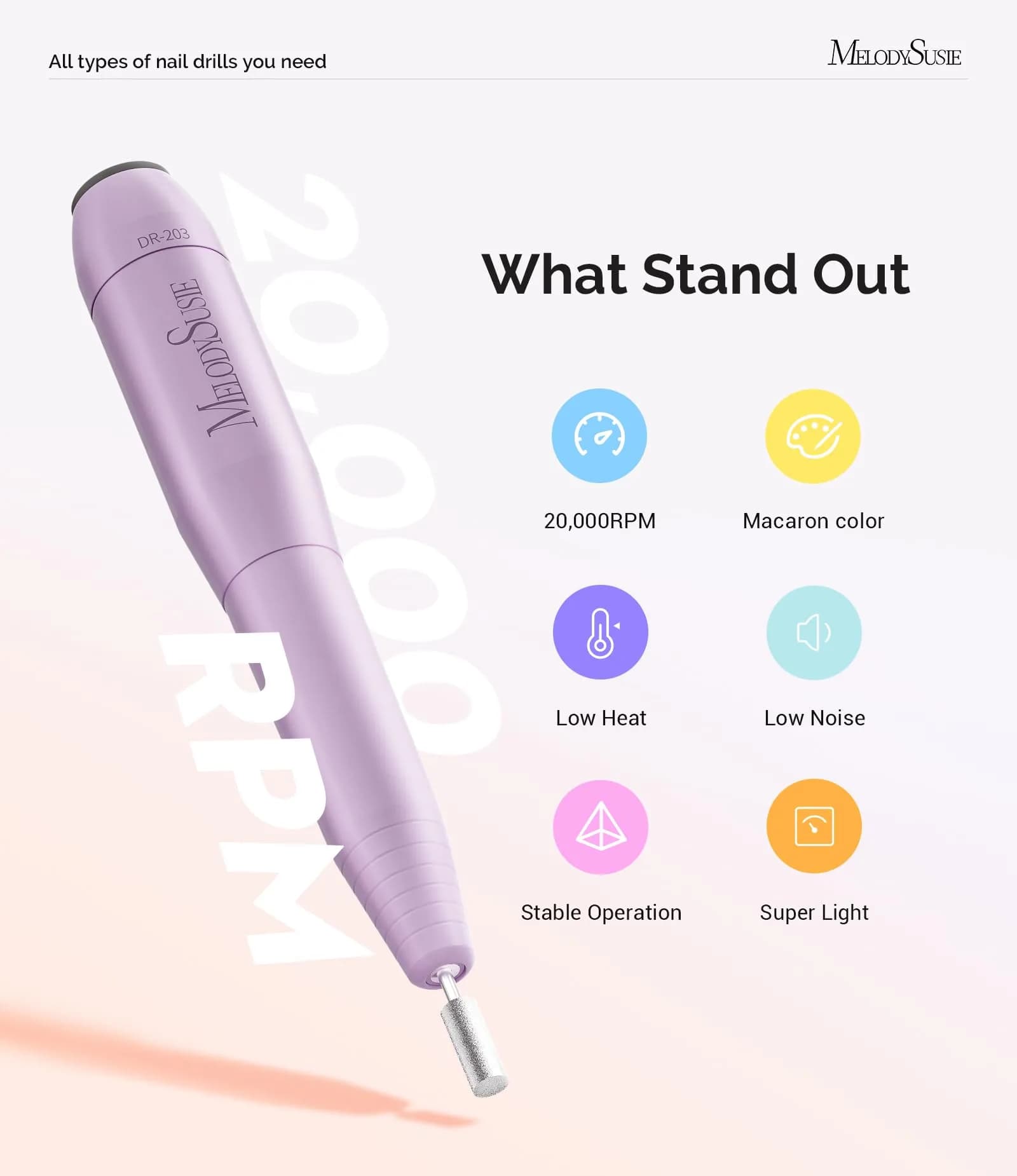 MelodySusie USB Nail Drill PC120I Macaron Purple | 20,000 RPM Portable Electric Nail File for Gentle Nail Prep - view 5