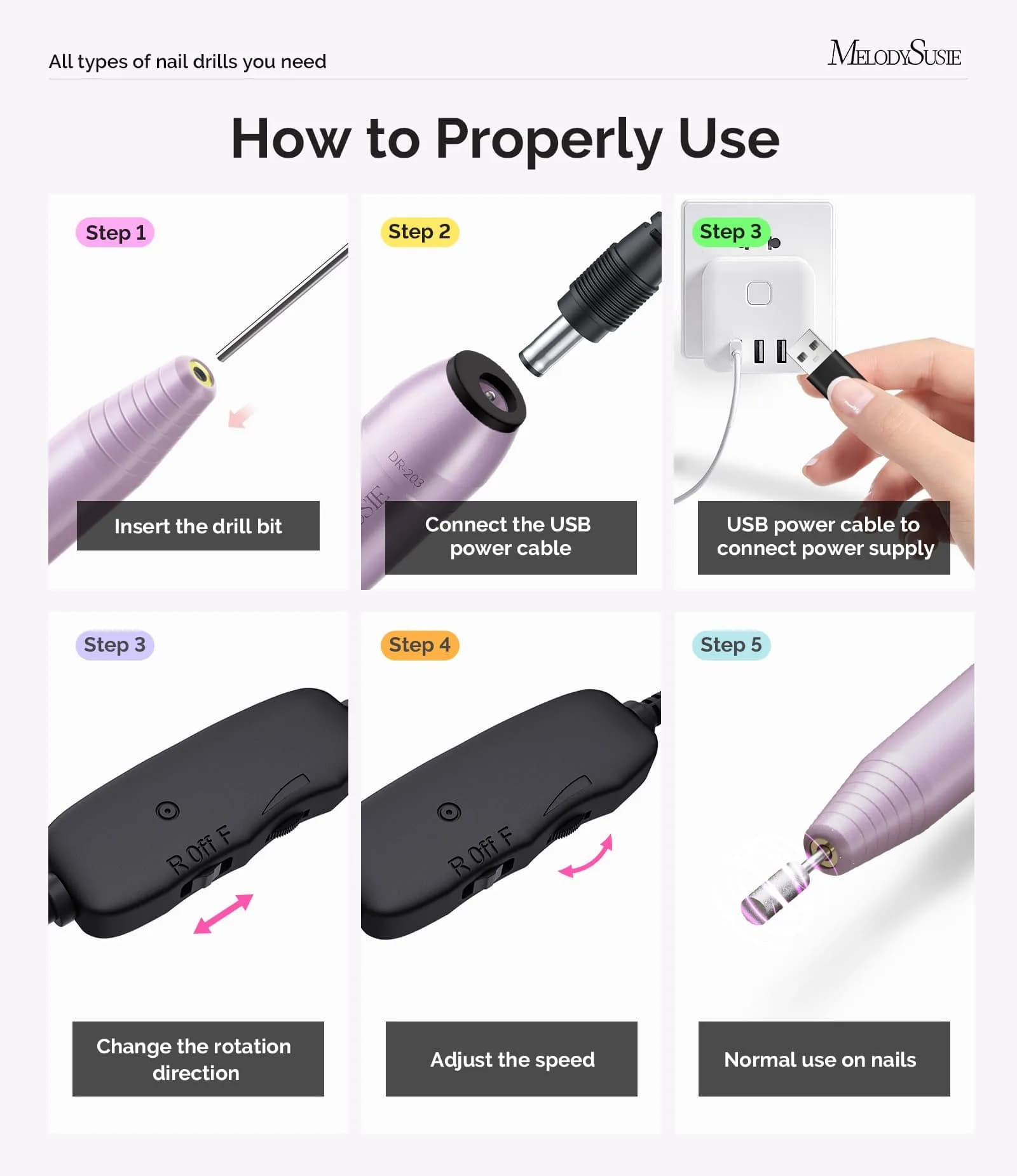 MelodySusie USB Nail Drill PC120I Macaron Purple | 20,000 RPM Portable Electric Nail File for Gentle Nail Prep - view 6