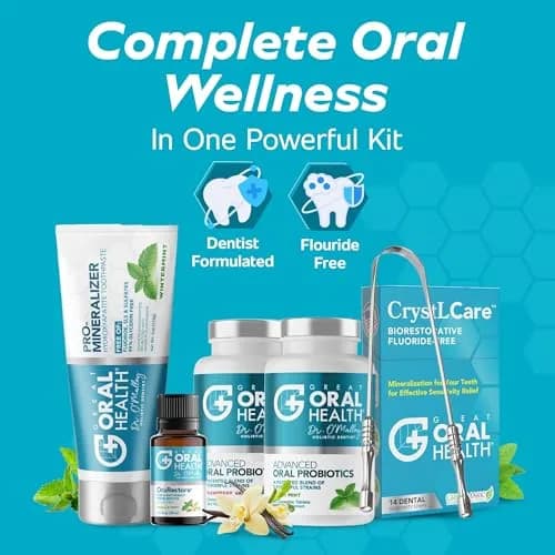 Great Oral Health 6-in-1 Dental Care Kit with Oral Probiotics & Nano Hydroxyapatite Toothpaste | 60 Tablets + 11% HA Toothpaste + Oil + Strips + Scraper thumbnail 2