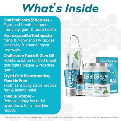 Great Oral Health 6-in-1 Dental Care Kit with Oral Probiotics & Nano Hydroxyapatite Toothpaste | 60 Tablets + 11% HA Toothpaste + Oil + Strips + Scraper thumbnail 3