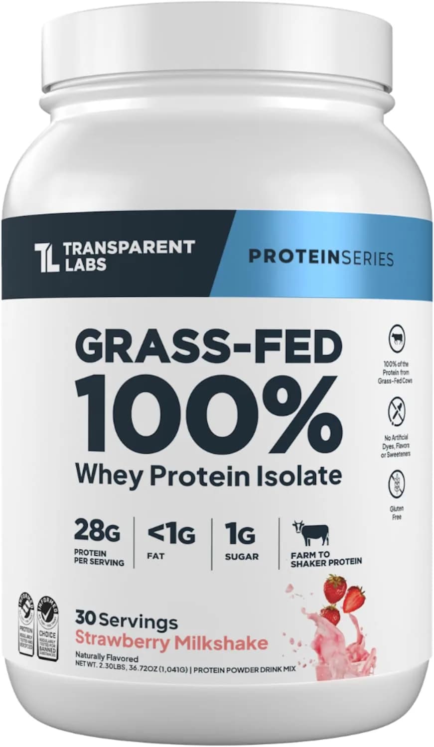 Transparent Labs Grass-Fed Whey Protein Isolate Strawberry Milkshake 1.04 kg (2.3 lb) | 28g Protein Per Serving — Strawberry Milkshake