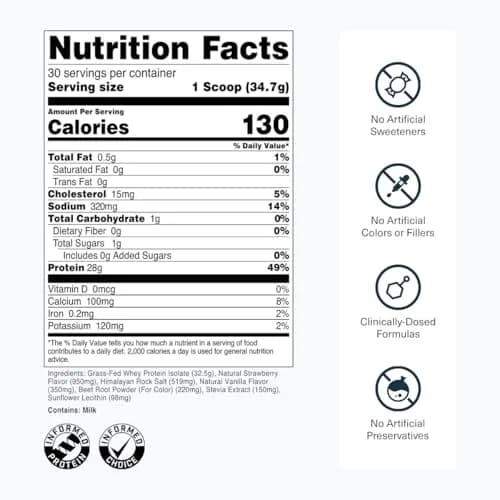 Transparent Labs Grass-Fed Whey Protein Isolate Strawberry Milkshake 1.04 kg (2.3 lb) | 28g Protein Per Serving thumbnail 3