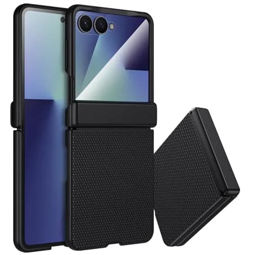spoovcto for Samsung Galaxy Z-Flip-7 Case: Non-slip Grip 3D Texture & Magnetic Hinge, 9H Glass Screen Protector, Shockproof TPU Cover, Black thumbnail 1