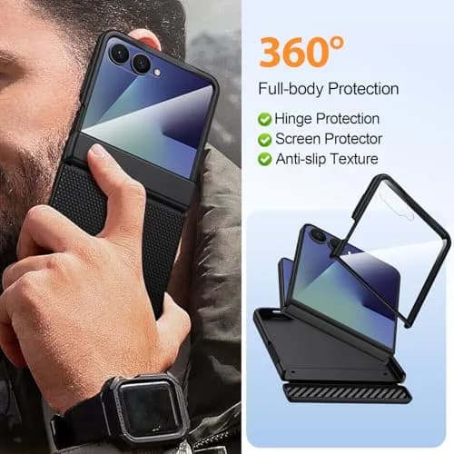 spoovcto for Samsung Galaxy Z-Flip-7 Case: Non-slip Grip 3D Texture & Magnetic Hinge, 9H Glass Screen Protector, Shockproof TPU Cover, Black thumbnail 7