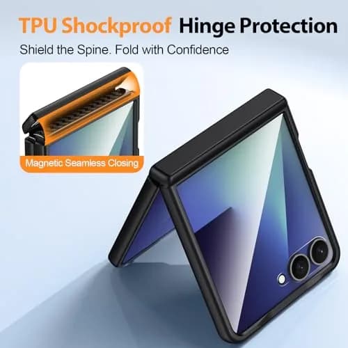 spoovcto for Samsung Galaxy Z-Flip-7 Case: Non-slip Grip 3D Texture & Magnetic Hinge, 9H Glass Screen Protector, Shockproof TPU Cover, Black thumbnail 3