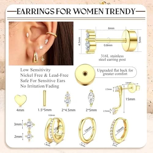 Dochais Gold Cartilage Earrings for Women Hypoallergenic Surgical Steel | Trendy & Safe (70-120 chars) thumbnail 3