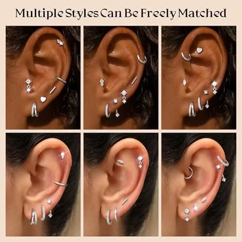 Dochais Silver Cartilage Earrings for Women Trendy Hypoallergenic Surgical Steel | Comfortable, Low Sensitivity, 9-Pair Set thumbnail 5