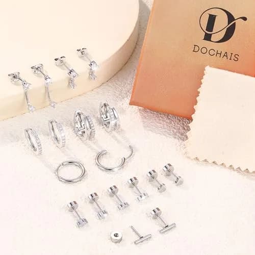 Dochais Silver Cartilage Earrings for Women Trendy Hypoallergenic Surgical Steel | Comfortable, Low Sensitivity, 9-Pair Set thumbnail 7