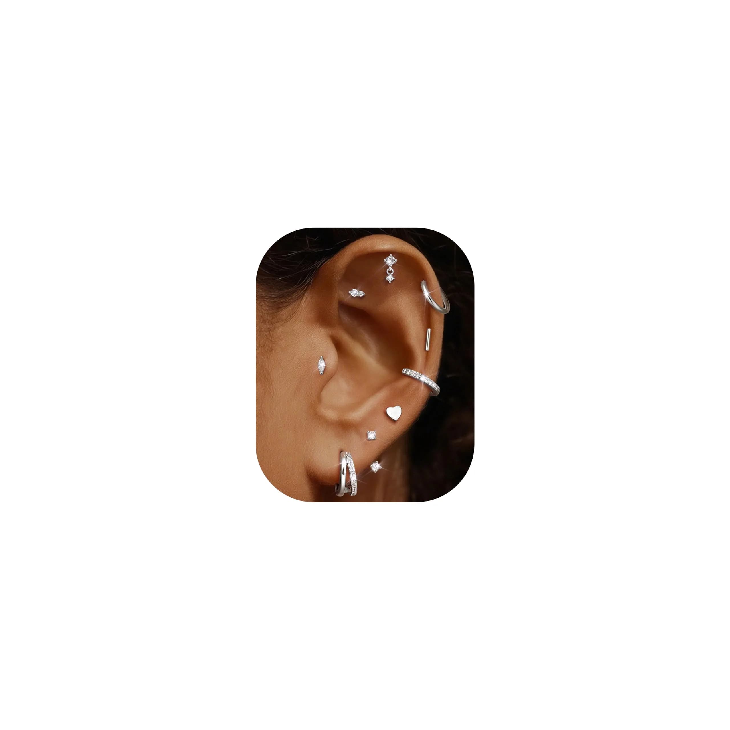 Dochais Silver Cartilage Earrings for Women Trendy Hypoallergenic Surgical Steel | Comfortable, Low Sensitivity, 9-Pair Set