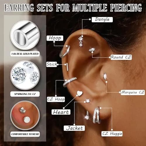 Dochais Silver Cartilage Earrings for Women Trendy Hypoallergenic Surgical Steel | Comfortable, Low Sensitivity, 9-Pair Set thumbnail 2