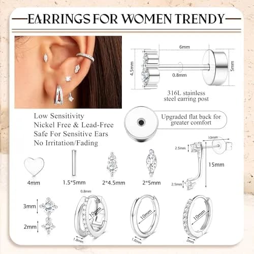 Dochais Silver Cartilage Earrings for Women Trendy Hypoallergenic Surgical Steel | Comfortable, Low Sensitivity, 9-Pair Set thumbnail 3