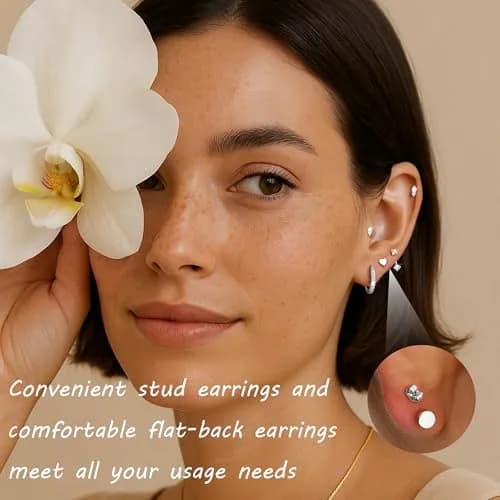 Dochais Silver Cartilage Earrings for Women Trendy Hypoallergenic Surgical Steel | Comfortable, Low Sensitivity, 9-Pair Set thumbnail 4