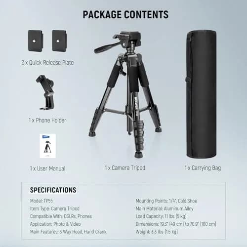 NEEWER Camera Tripod 71'' | Aluminum Lightweight Travel Stand with 3-Way Head thumbnail 8
