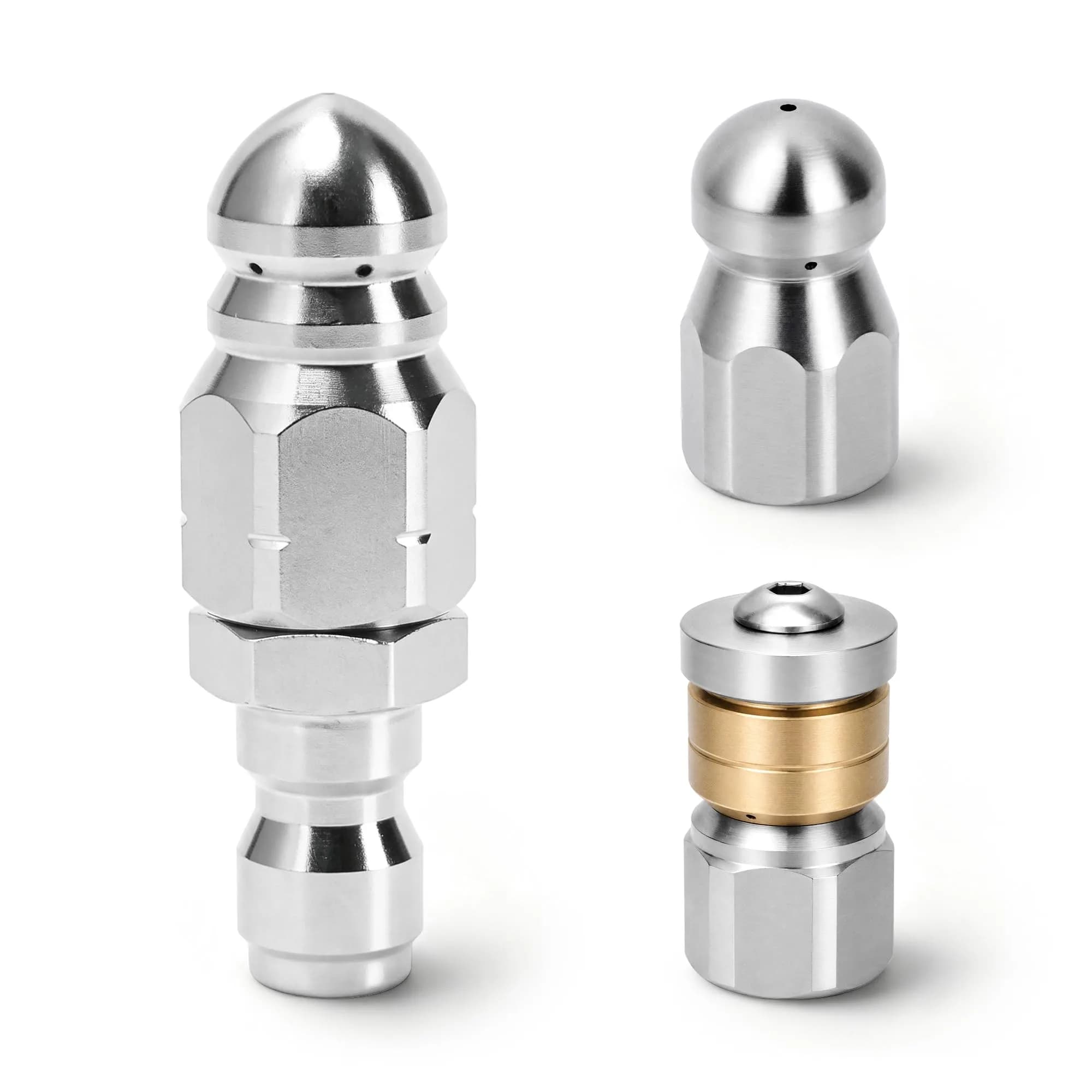 Javneo Sewer Jetter Nozzle Kit 3-Pack Stainless Steel with Rotating, Button Nose, Fixed Models, 1/4” Quick Connect, Up to 5000 PSI — 3-Pack