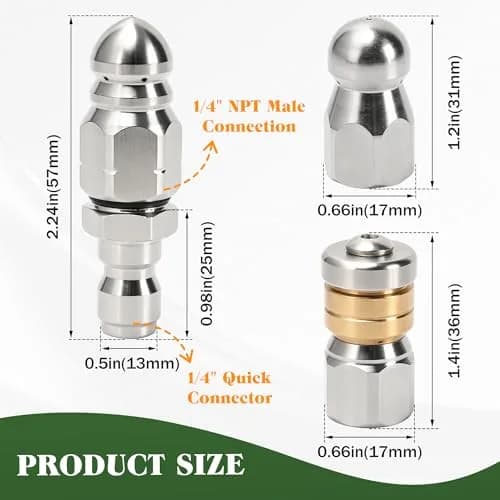 Javneo Sewer Jetter Nozzle Kit 3-Pack Stainless Steel with Rotating, Button Nose, Fixed Models, 1/4” Quick Connect, Up to 5000 PSI thumbnail 8
