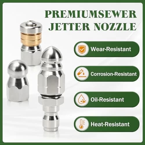 Javneo Sewer Jetter Nozzle Kit 3-Pack Stainless Steel with Rotating, Button Nose, Fixed Models, 1/4” Quick Connect, Up to 5000 PSI thumbnail 2