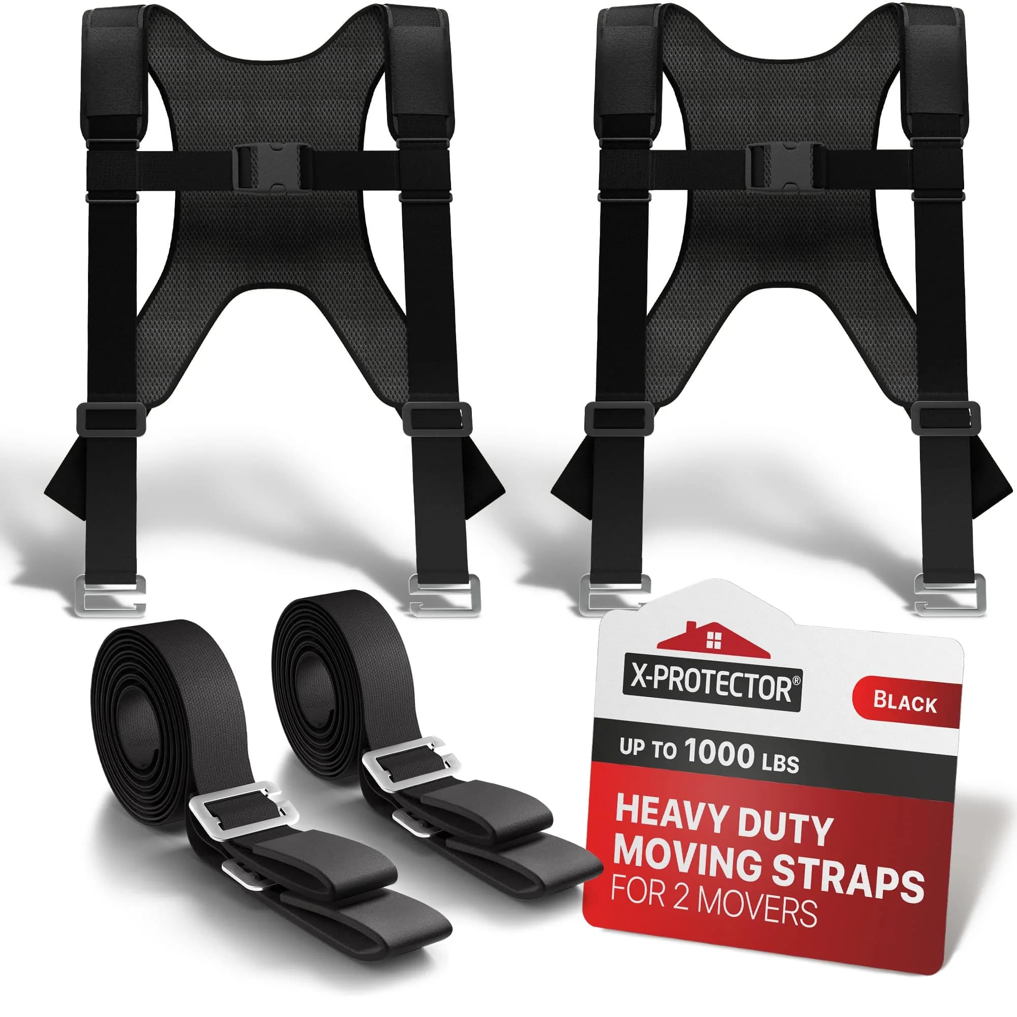 X-Protector Red Lifting Straps for 2 Movers - 2 Pairs (9.83 ft / 3 m) | Heavy Duty Moving Straps for Furniture & Appliances — Moving Straps (With Back Support, Black)