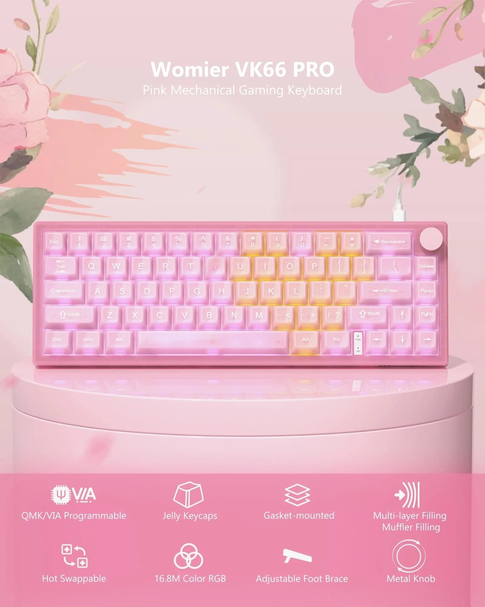 Womier 60% Mechanical Keyboard Pink | QMK/VIA Hot Swappable Gasket Mount RGB Wired Gaming Keyboard with POM Linear Switches (VK66 PRO-Jelly) - view 5