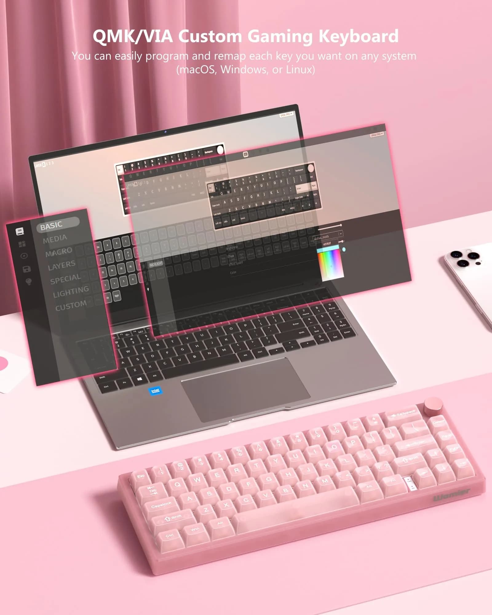 Womier WK61 V2 V-Pink Mechanical Gaming Keyboard with Linear Red Switches - view 2