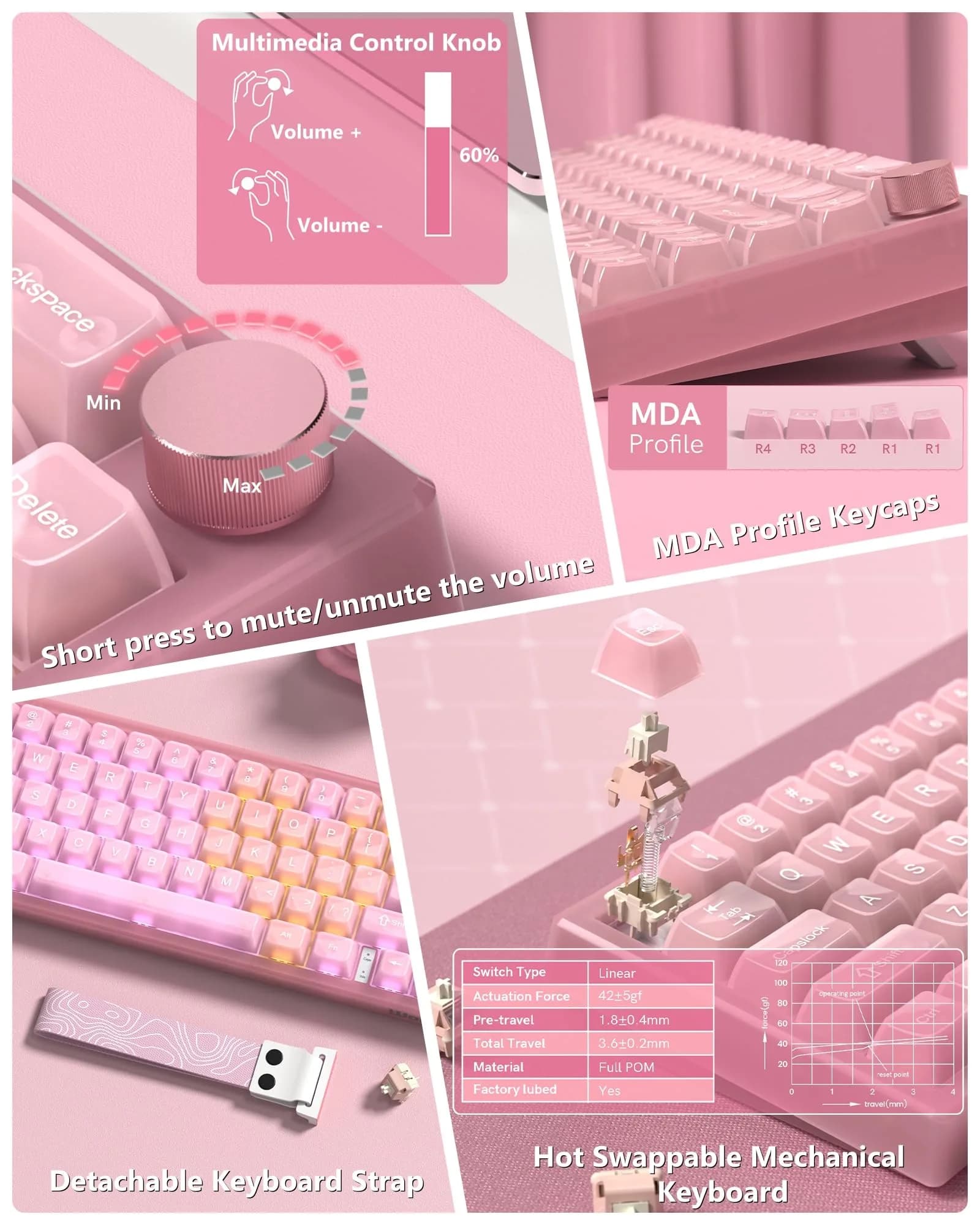 Womier WK61 V2 V-Pink Mechanical Gaming Keyboard with Linear Red Switches - view 4
