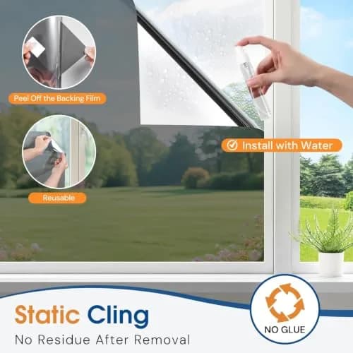 Homein Window Tint for Home with Tools, Black Silver | Static Cling, UV & Heat Reflective Film (23.6" x 157.4") thumbnail 7
