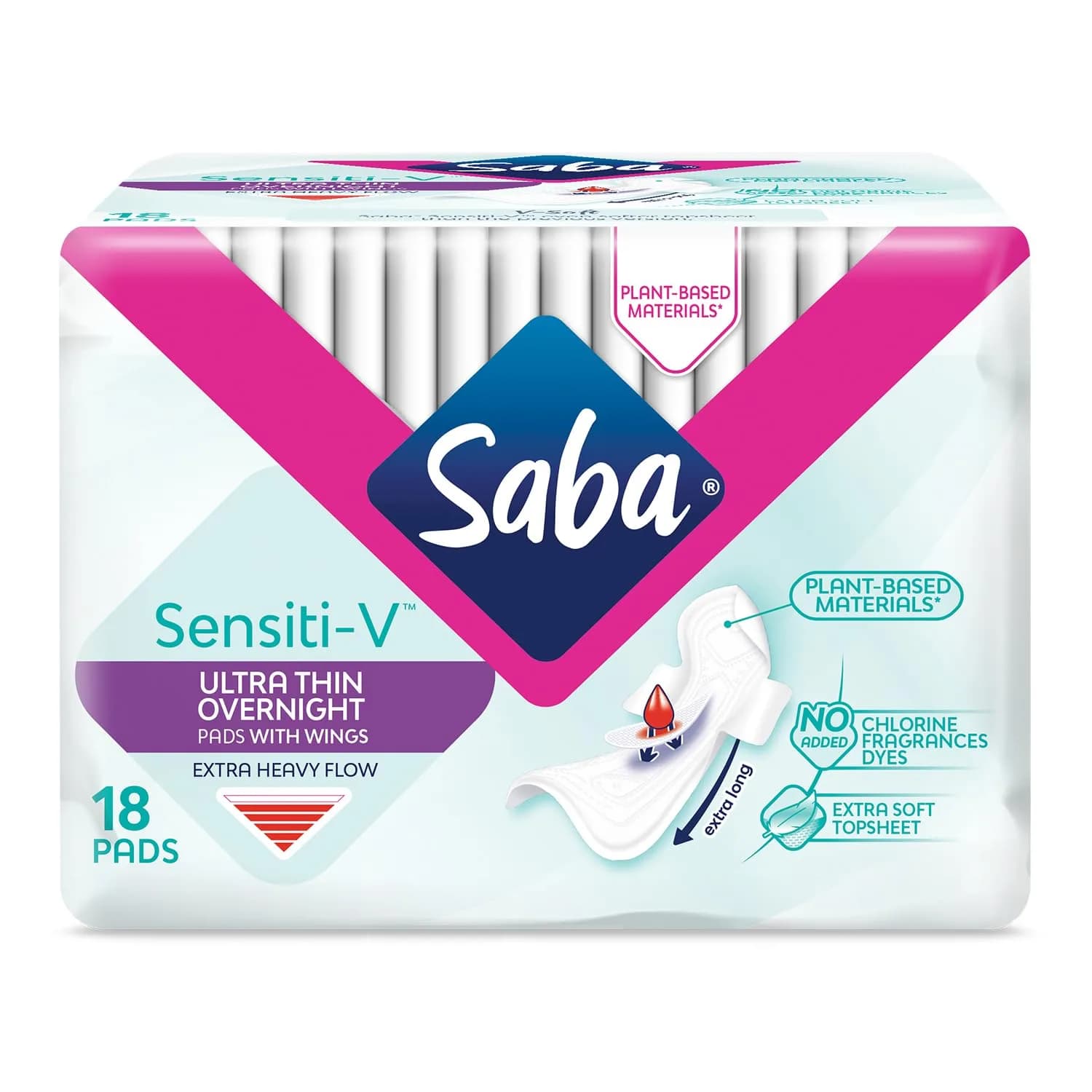 Saba Sensiti-V Ultra Thin Overnight Pads with Wings | Unscented, Sensitive Skin Friendly, 72 Pads - main product image