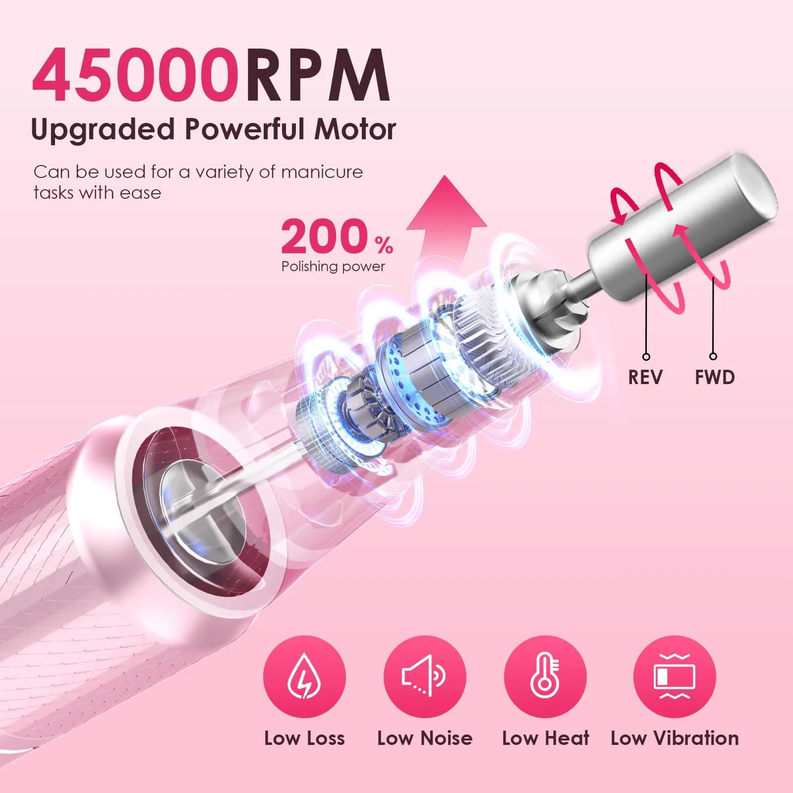 HELIVIVE Professional Electric Nail Drill 45000RPM Pink | Powerful & Portable Cordless Nail File - view 2