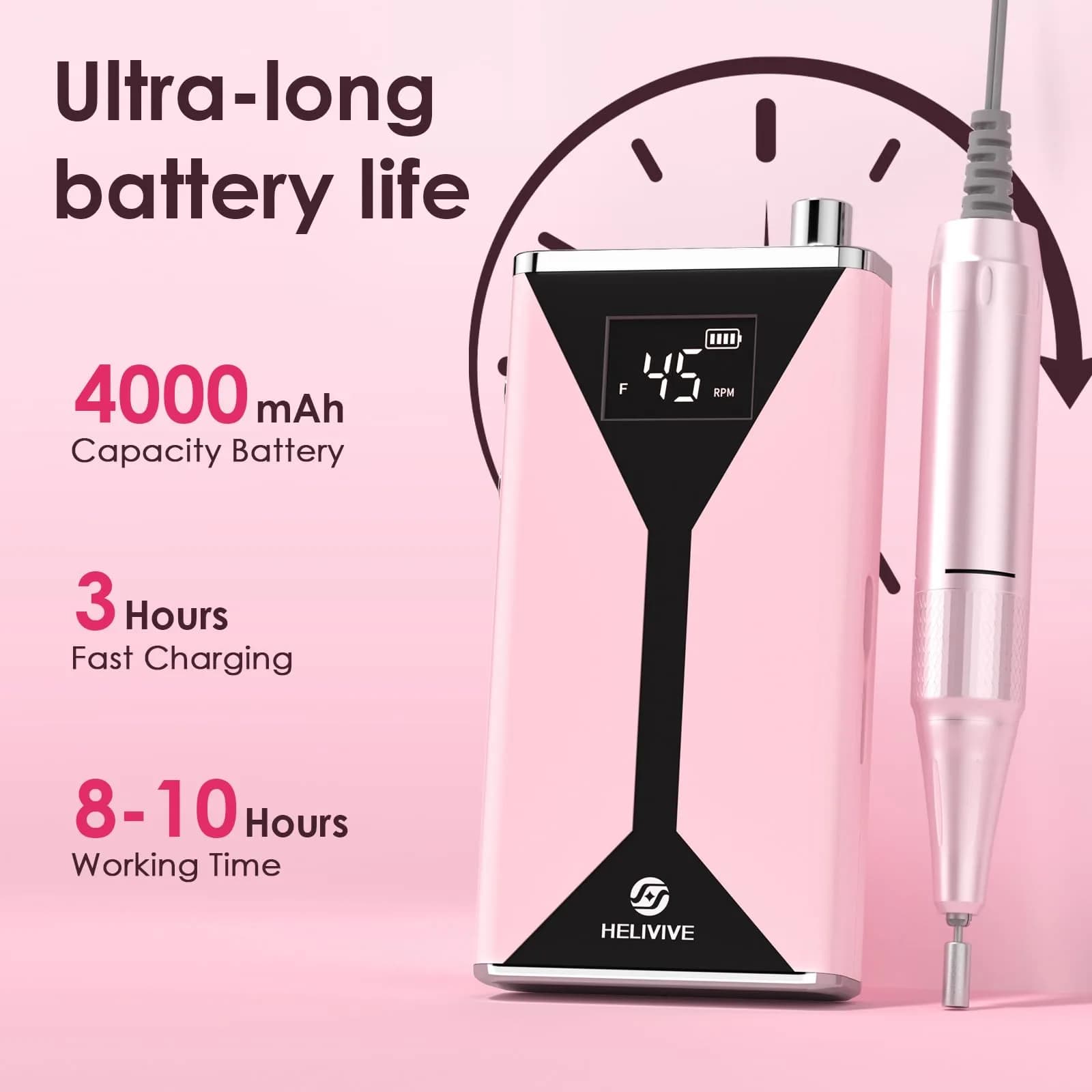 HELIVIVE Professional Electric Nail Drill 45000RPM Pink | Powerful & Portable Cordless Nail File - view 3