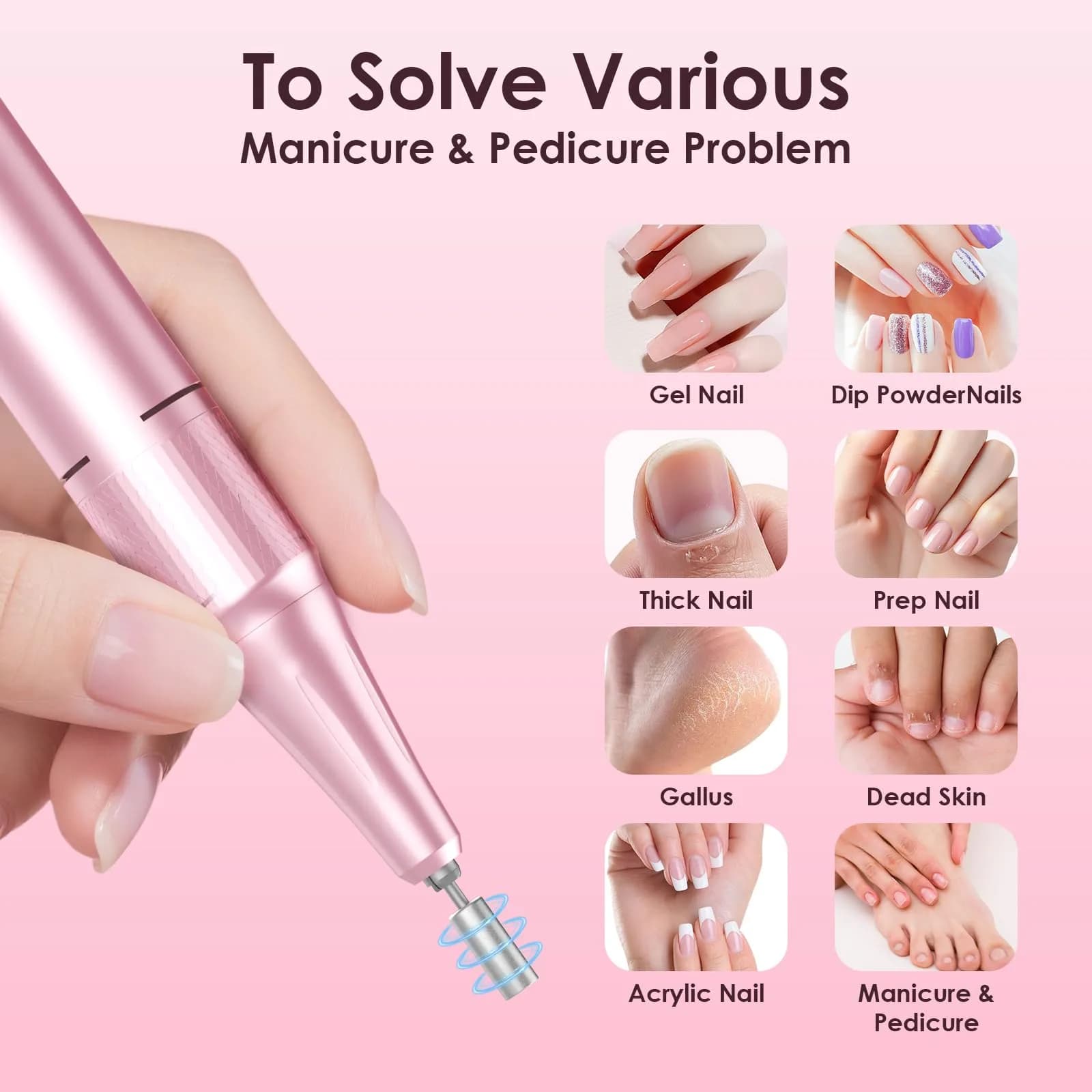HELIVIVE Professional Electric Nail Drill 45000RPM Pink | Powerful & Portable Cordless Nail File - view 5