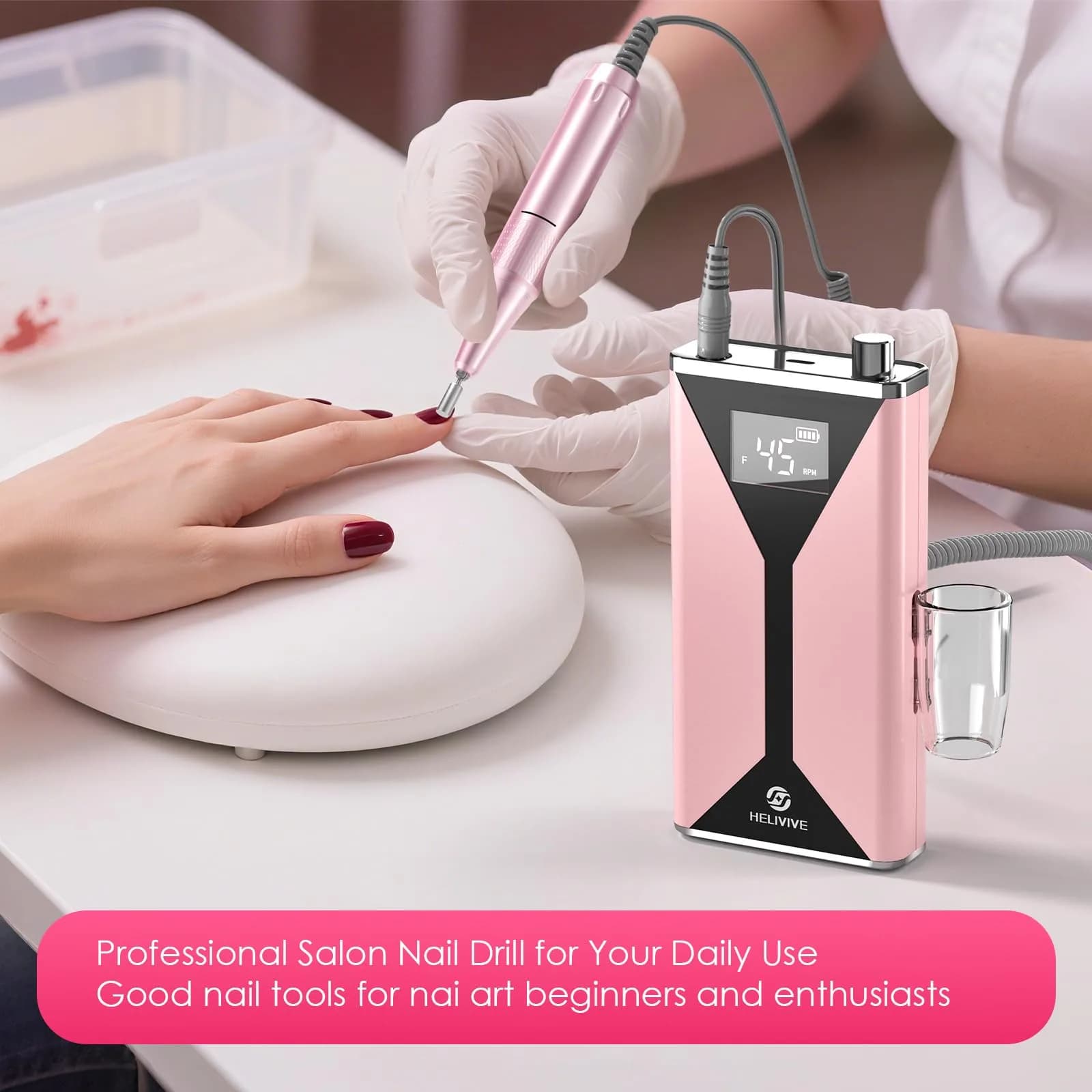 HELIVIVE Professional Electric Nail Drill 45000RPM Pink | Powerful & Portable Cordless Nail File - view 6