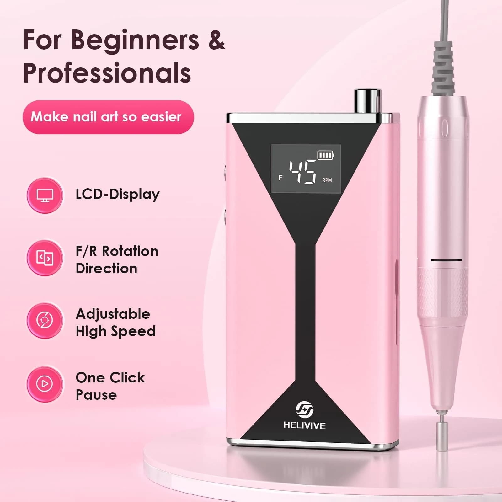 HELIVIVE Professional Electric Nail Drill 45000RPM Pink | Powerful & Portable Cordless Nail File - view 7