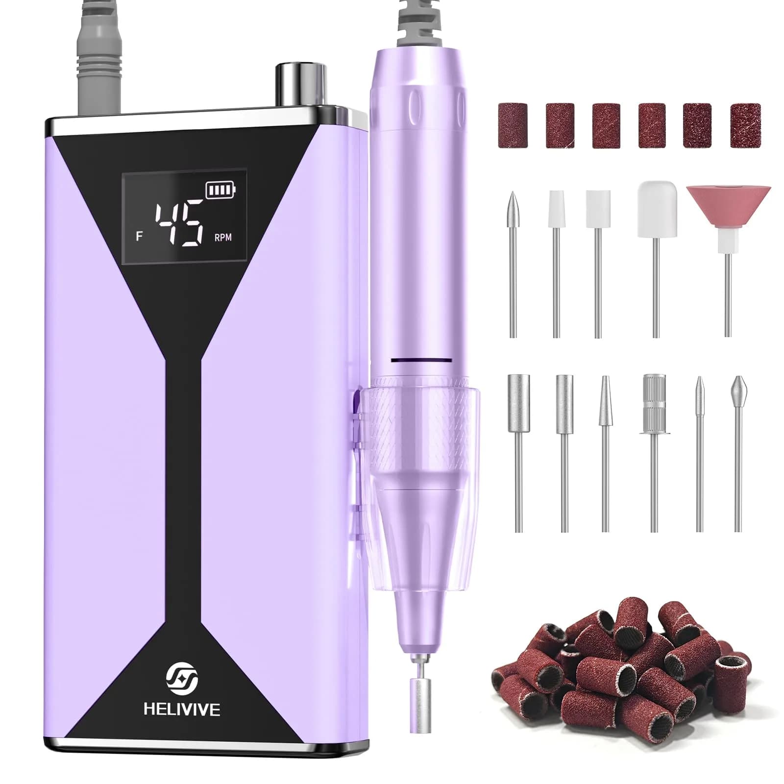 HELIVIVE Professional Electric Nail Drill 45000RPM (Purple) | Powerful & Portable Cordless Nail File Machine - main product image