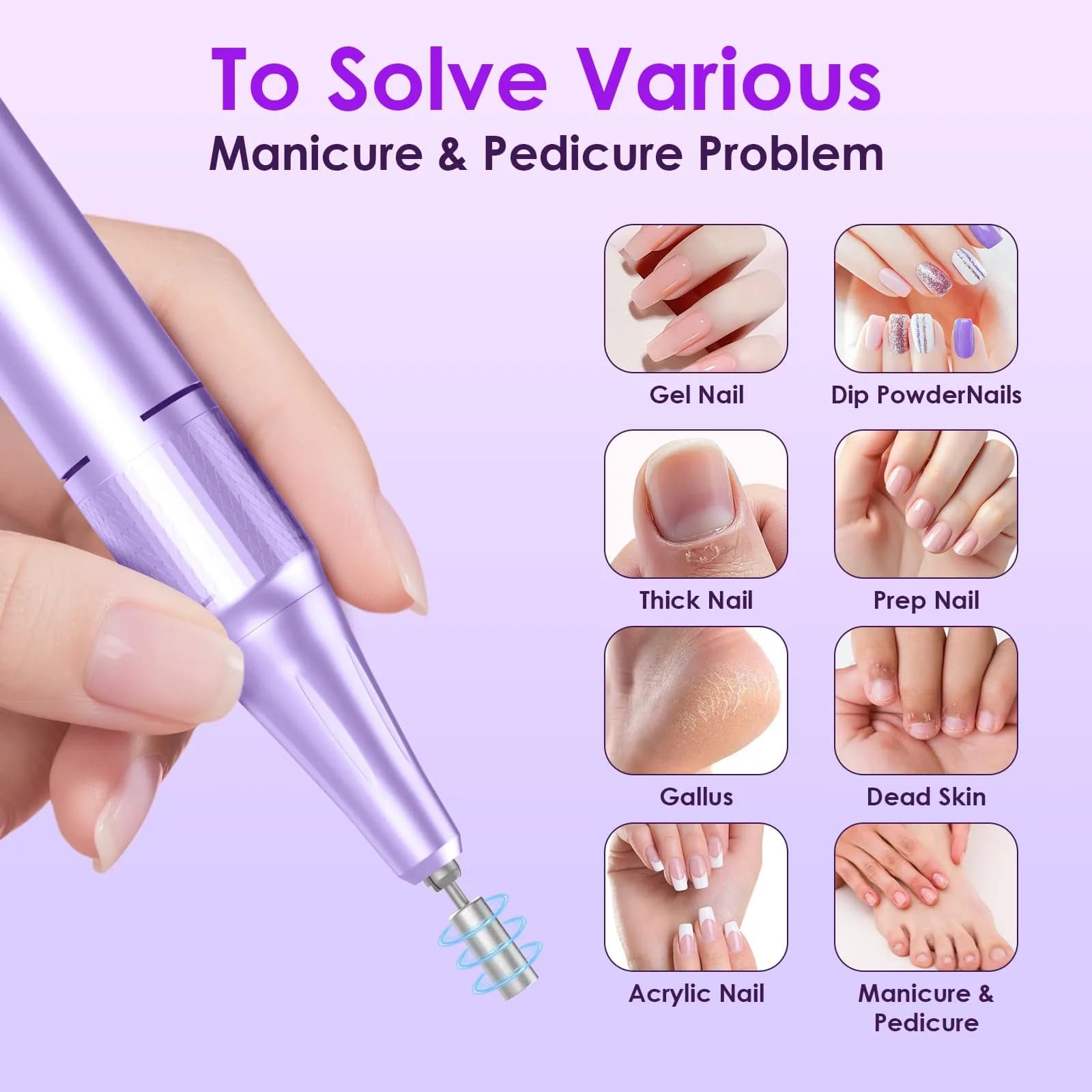 HELIVIVE Professional Electric Nail Drill 45000RPM Cordless Nail File, Purple | Upgraded Motor Boosts Polishing Efficiency 200% - view 5