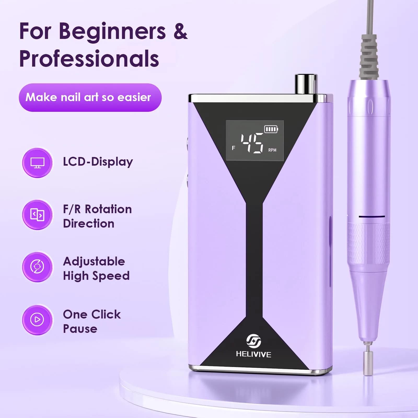 HELIVIVE Professional Electric Nail Drill 45000RPM Cordless Nail File, Purple | Upgraded Motor Boosts Polishing Efficiency 200% - view 7