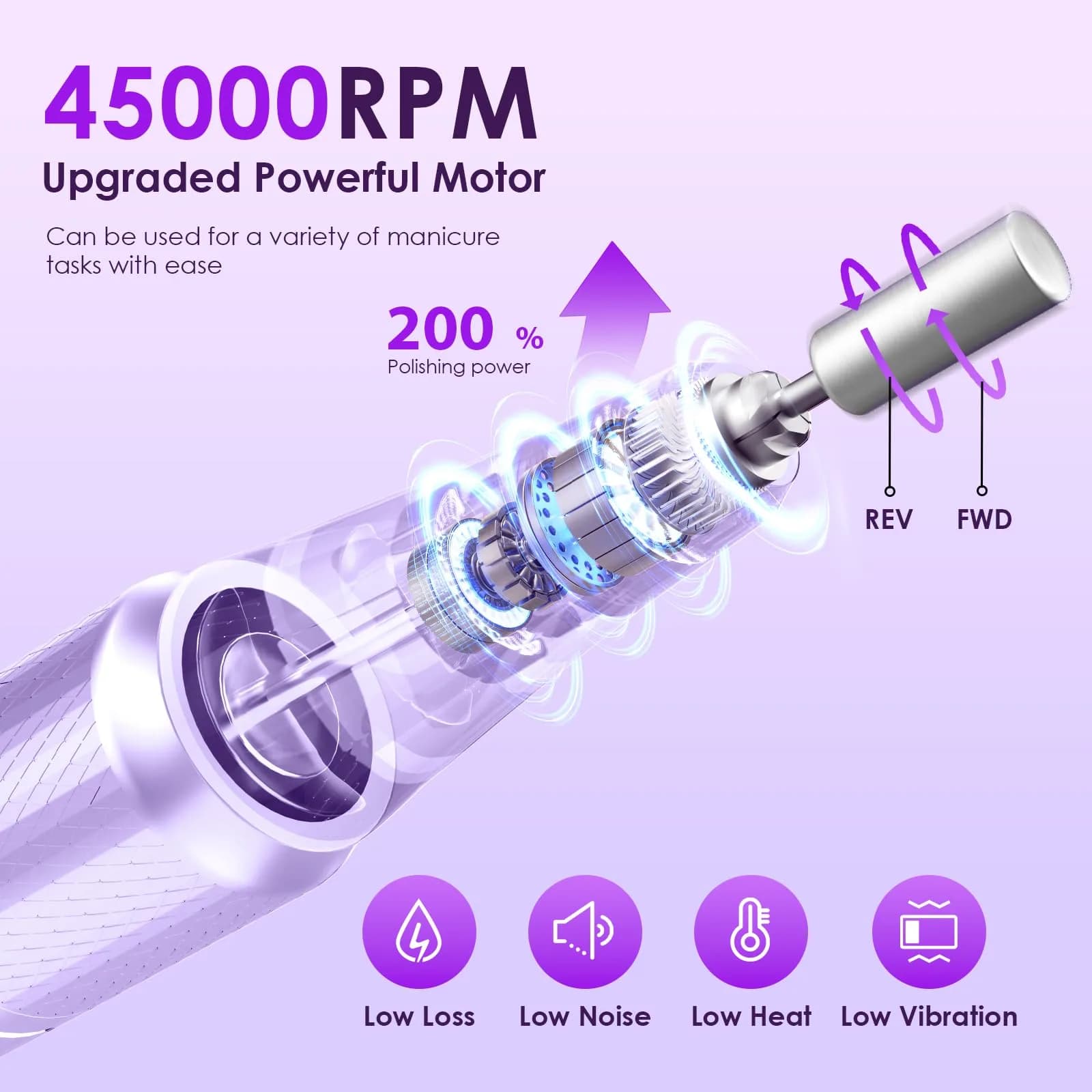 HELIVIVE Professional Electric Nail Drill 45000RPM (Purple) | Powerful & Portable Cordless Nail File Machine - view 2