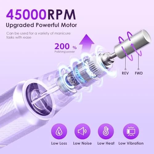 HELIVIVE Professional Electric Nail Drill 45000RPM Cordless Nail File, Purple | Upgraded Motor Boosts Polishing Efficiency 200% thumbnail 2