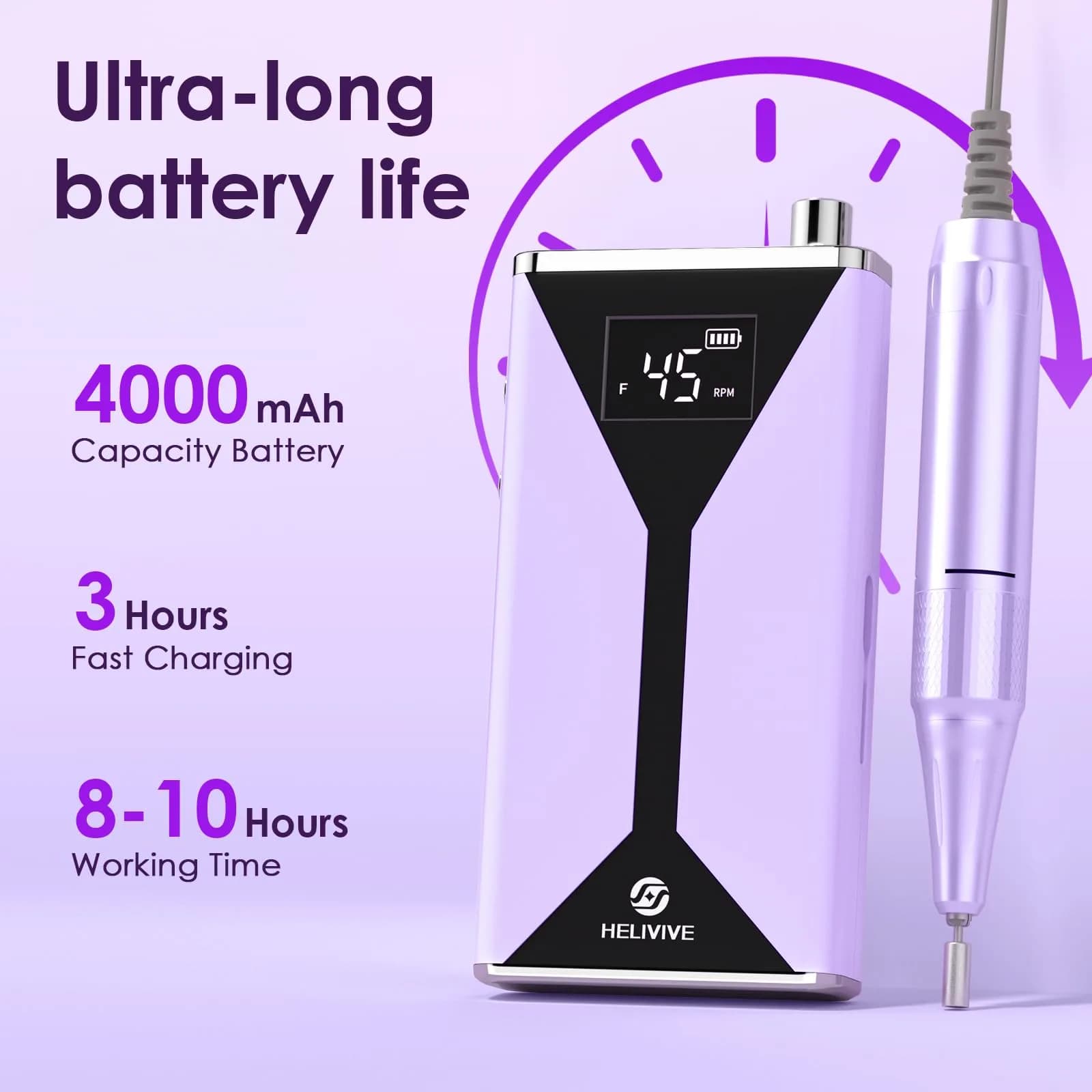 HELIVIVE Professional Electric Nail Drill 45000RPM (Purple) | Powerful & Portable Cordless Nail File Machine - view 3