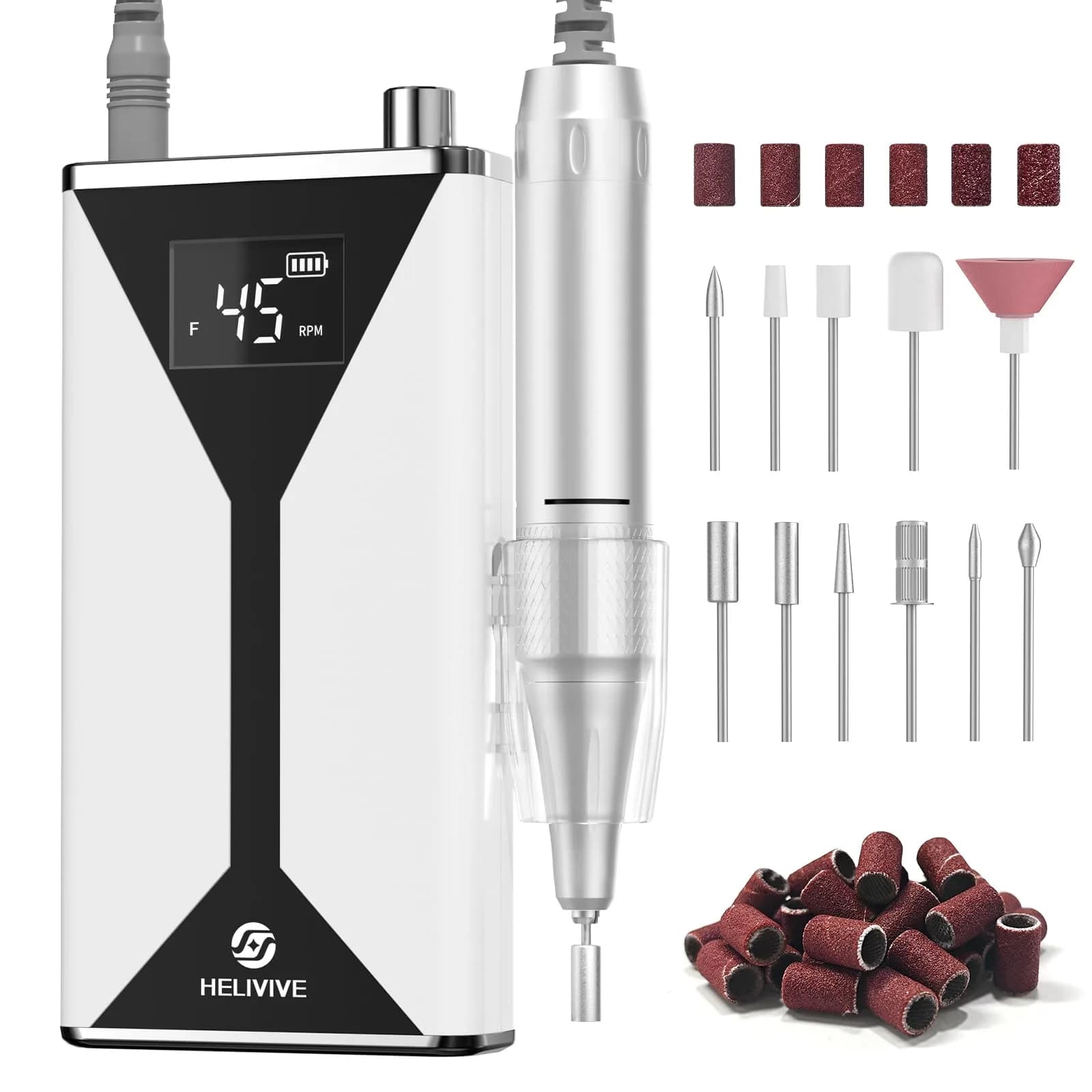 HELIVIVE Professional Electric Nail Drill 45000RPM (White) | Powerful & Portable Cordless Nail File Machine - main product image