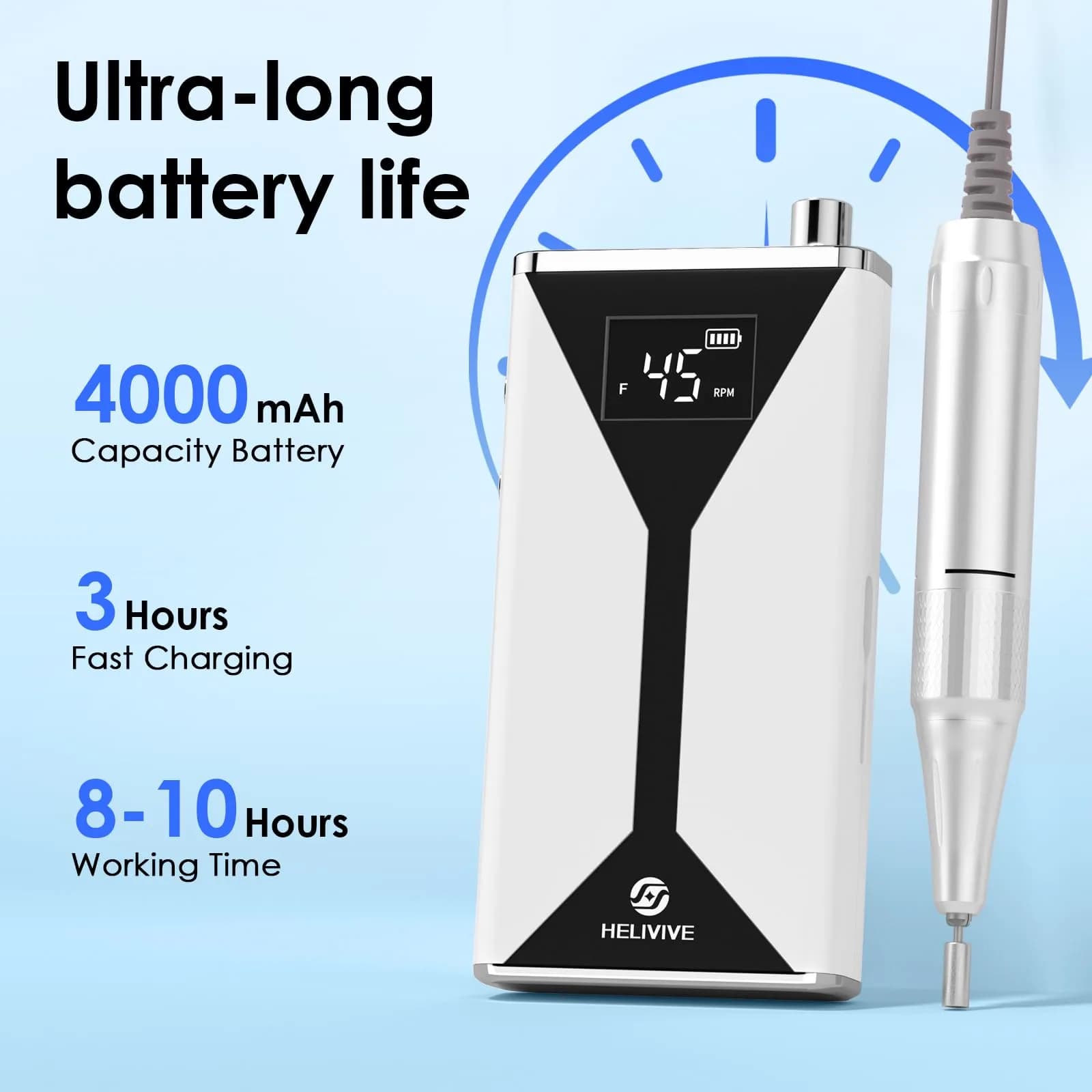 HELIVIVE Professional Electric Nail Drill 45000RPM (White) | Powerful & Portable Cordless Nail File Machine - view 3