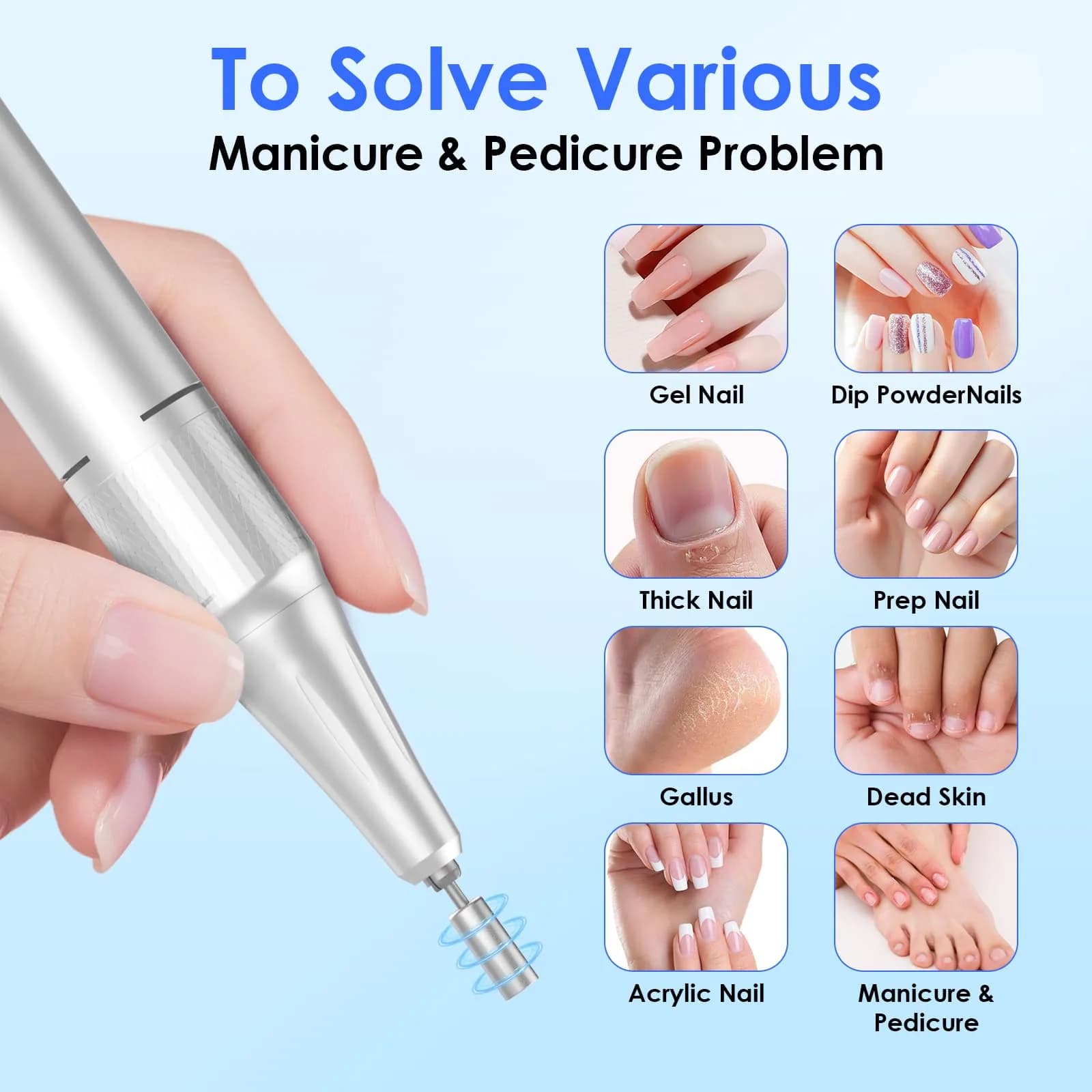 HELIVIVE Professional Electric Nail Drill 45000RPM (White) | Powerful & Portable Cordless Nail File Machine - view 5