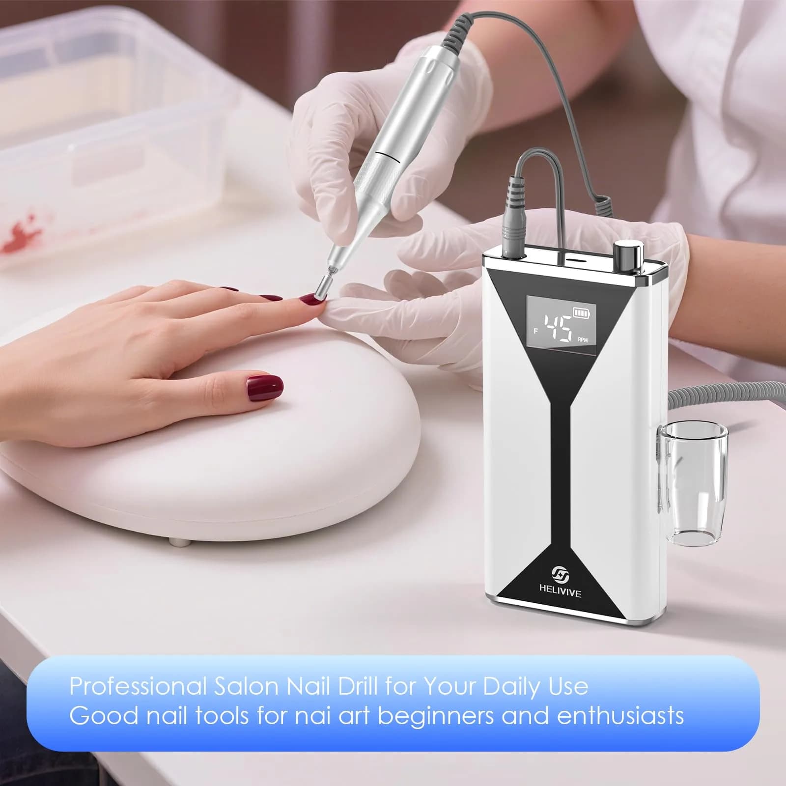 HELIVIVE Professional Electric Nail Drill 45000RPM (White) | Powerful & Portable Cordless Nail File Machine - view 6