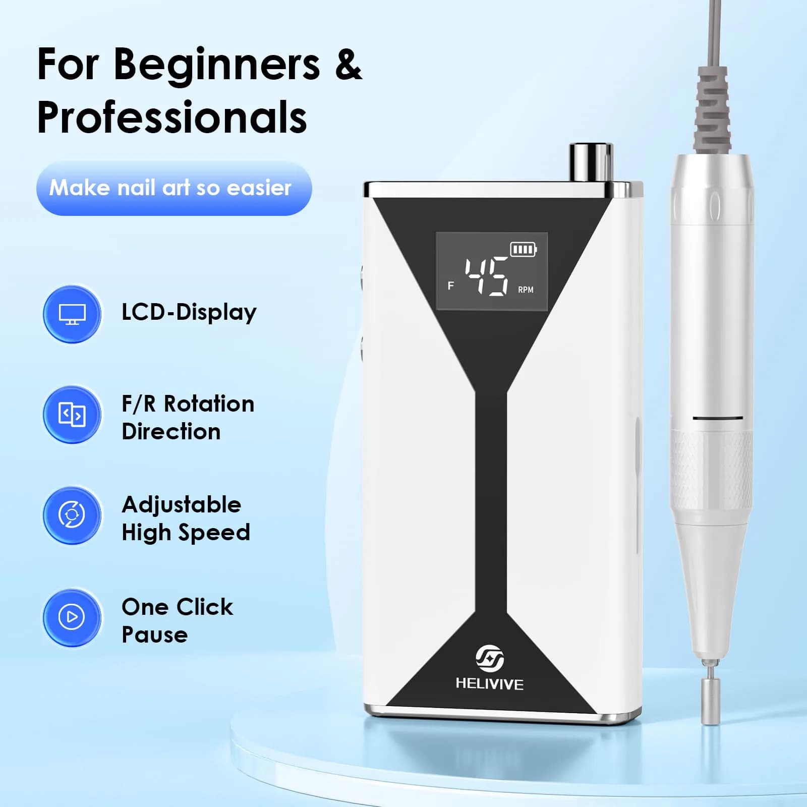 HELIVIVE Professional Electric Nail Drill 45000RPM (White) | Powerful & Portable Cordless Nail File Machine - view 7